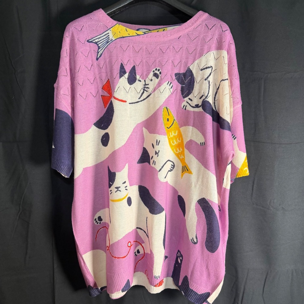 Unbranded Purple Cat Fish Print Lightweight Knit Oversized Boutique Sweater L